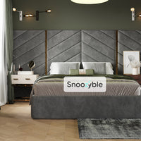 Sandy Gold Trim Wide Extended Headboard Fabric Panel Bed
