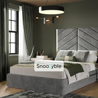 Sandy Gold Trim Wide Extended Headboard Fabric Panel Bed