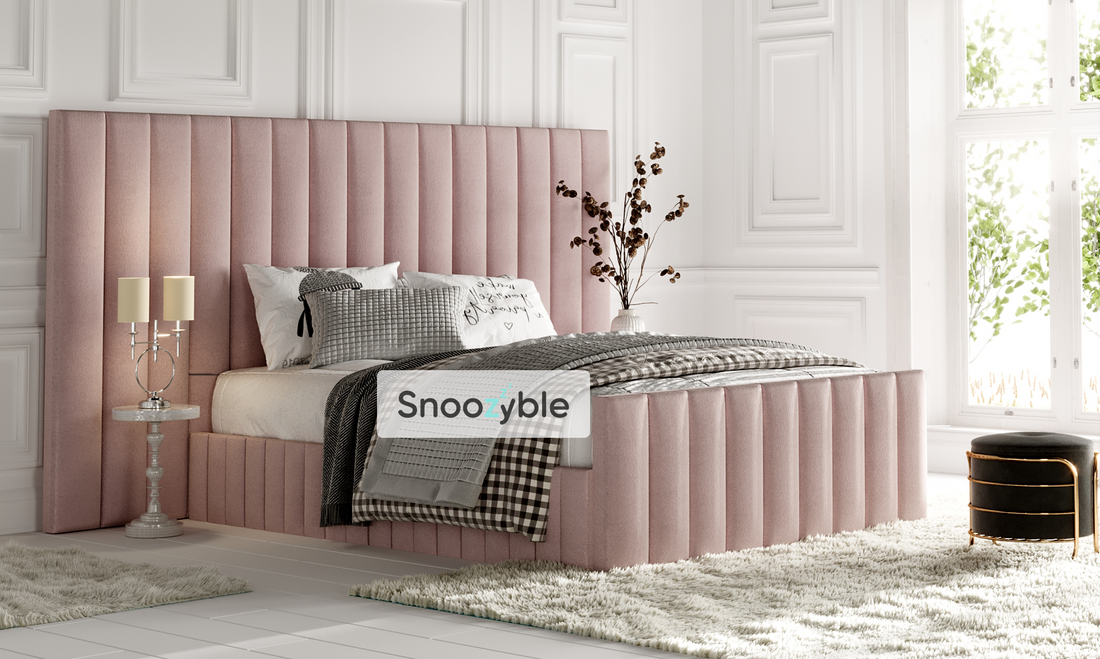 wide headboard bed, fabric panel bed, chesterfield bed, fabric bed, blue bed, pink bed, luxury bed, luxury fabric bed, fabric upholstered bed, tall headboard bed, wide headboard bed