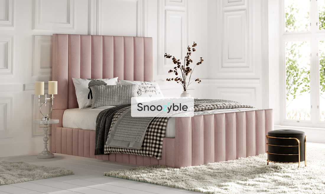 wide headboard bed, fabric panel bed, chesterfield bed, fabric bed, blue bed, pink bed, luxury bed, luxury fabric bed, fabric upholstered bed, tall headboard bed, wide headboard bed